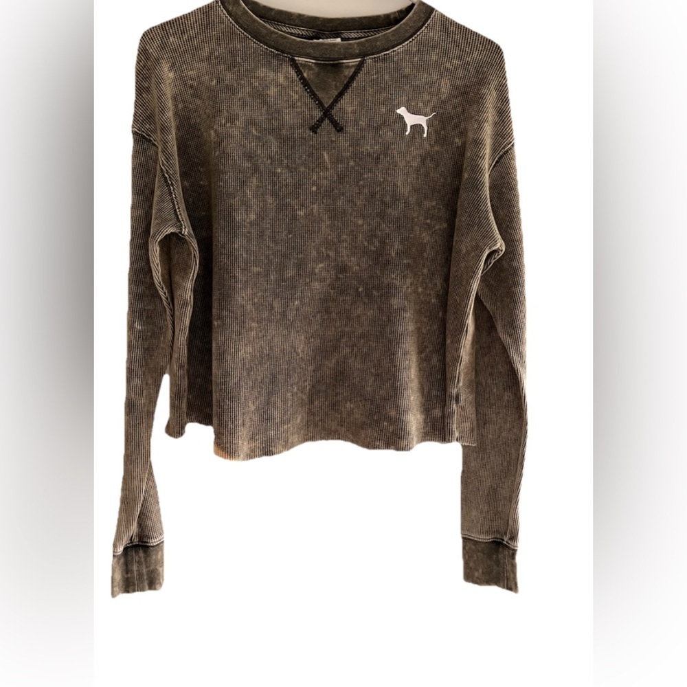 Victorias Secret Pink Cropped Thermal Gray Brown Long Sleeve Waffle XS - Picture 2 of 6